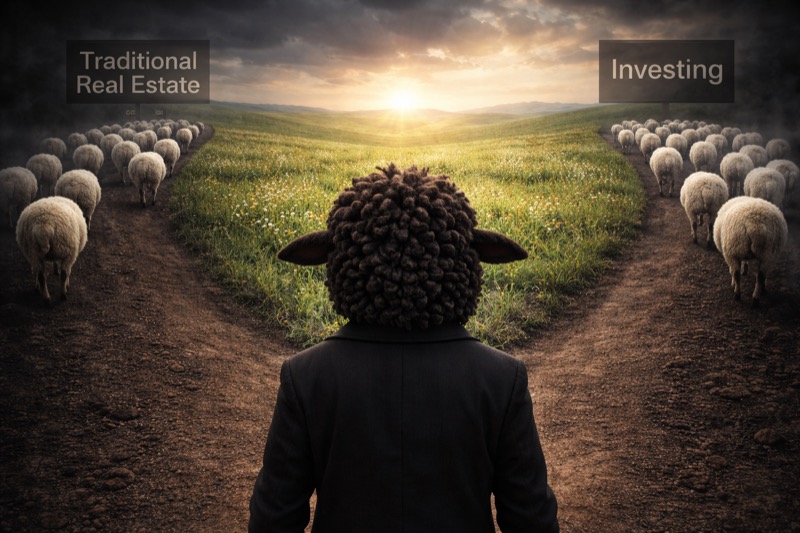 A black sheep in a business suit stands at a fork in the road — white sheep go left toward Traditional Real Estate and right toward Investing, but the black sheep faces the sunrise straight ahead: both paths, one professional